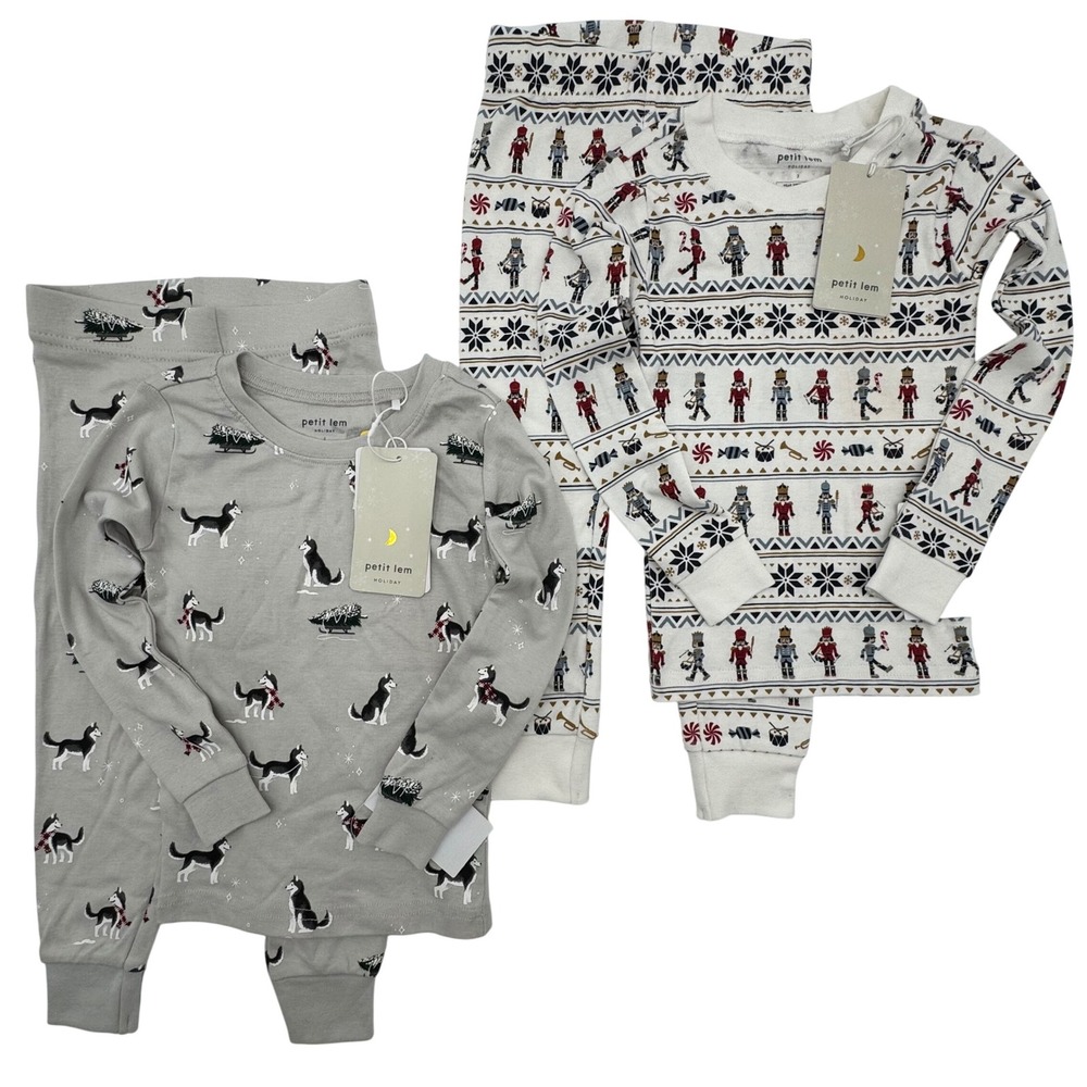 NEW Petit Lem Kids 2 Organic Cotton Holiday Pajama Lot of 2 Set Nutcracker Husky